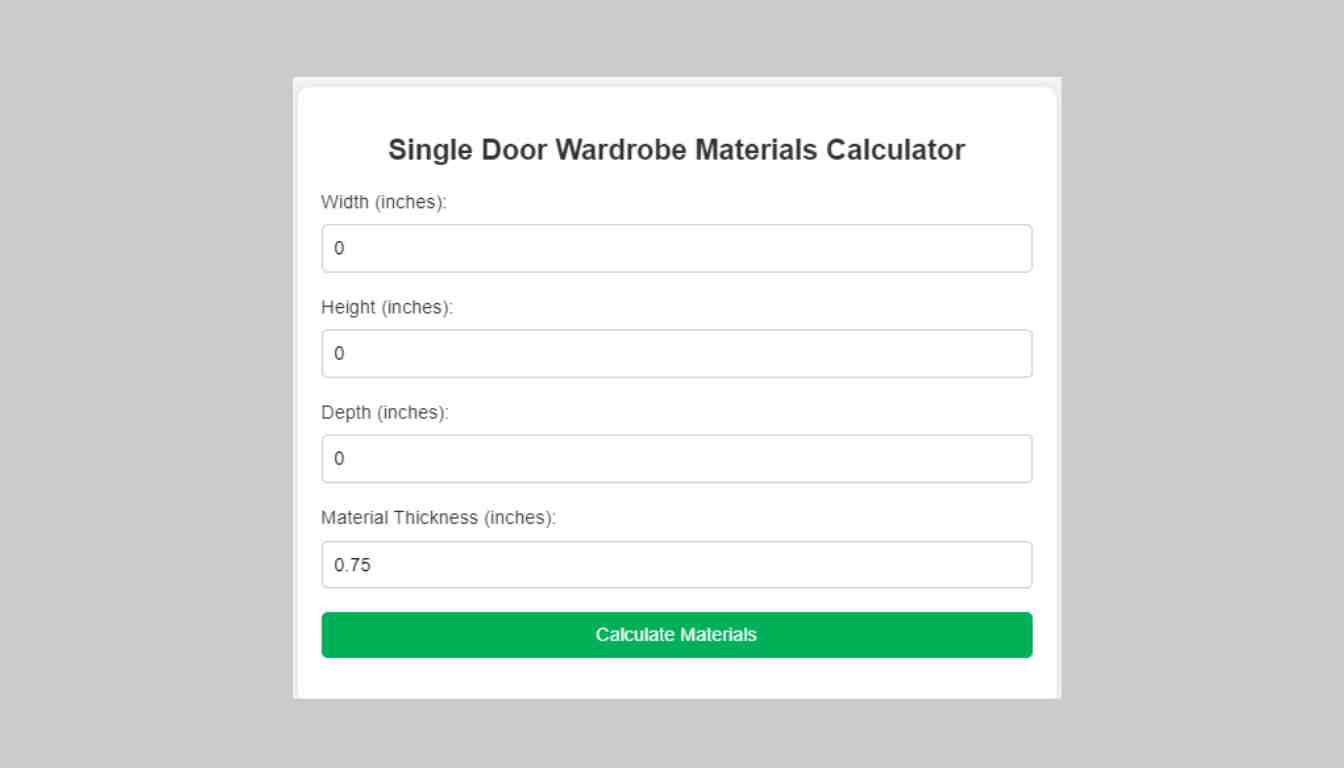 Single Door Wardrobe Materials Calculator