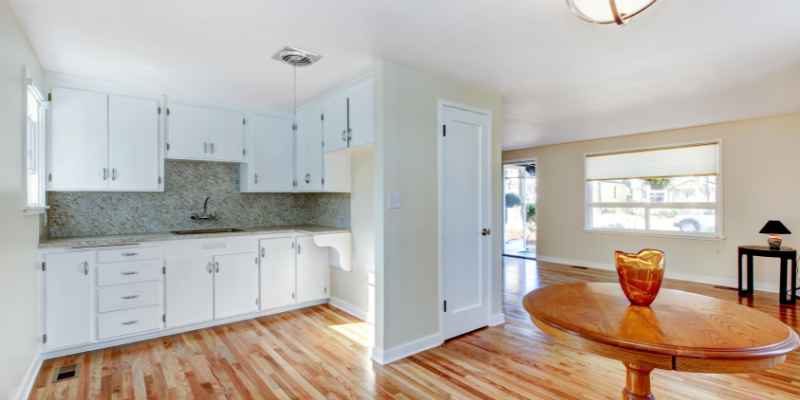 Hardwood Floor in Kitchen With White Cabinets