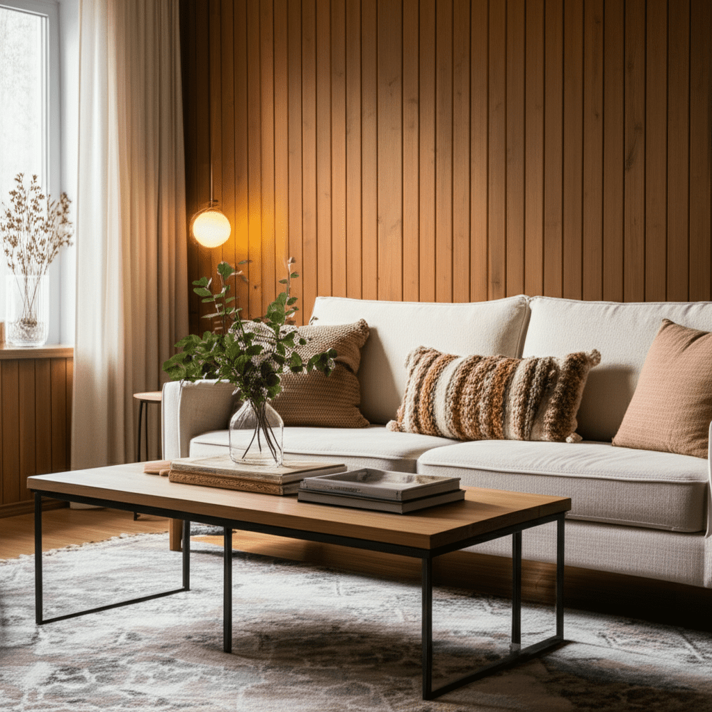 Generate a high-quality, relevant image prompt for an article about: Wood Paneling Living Room Decor