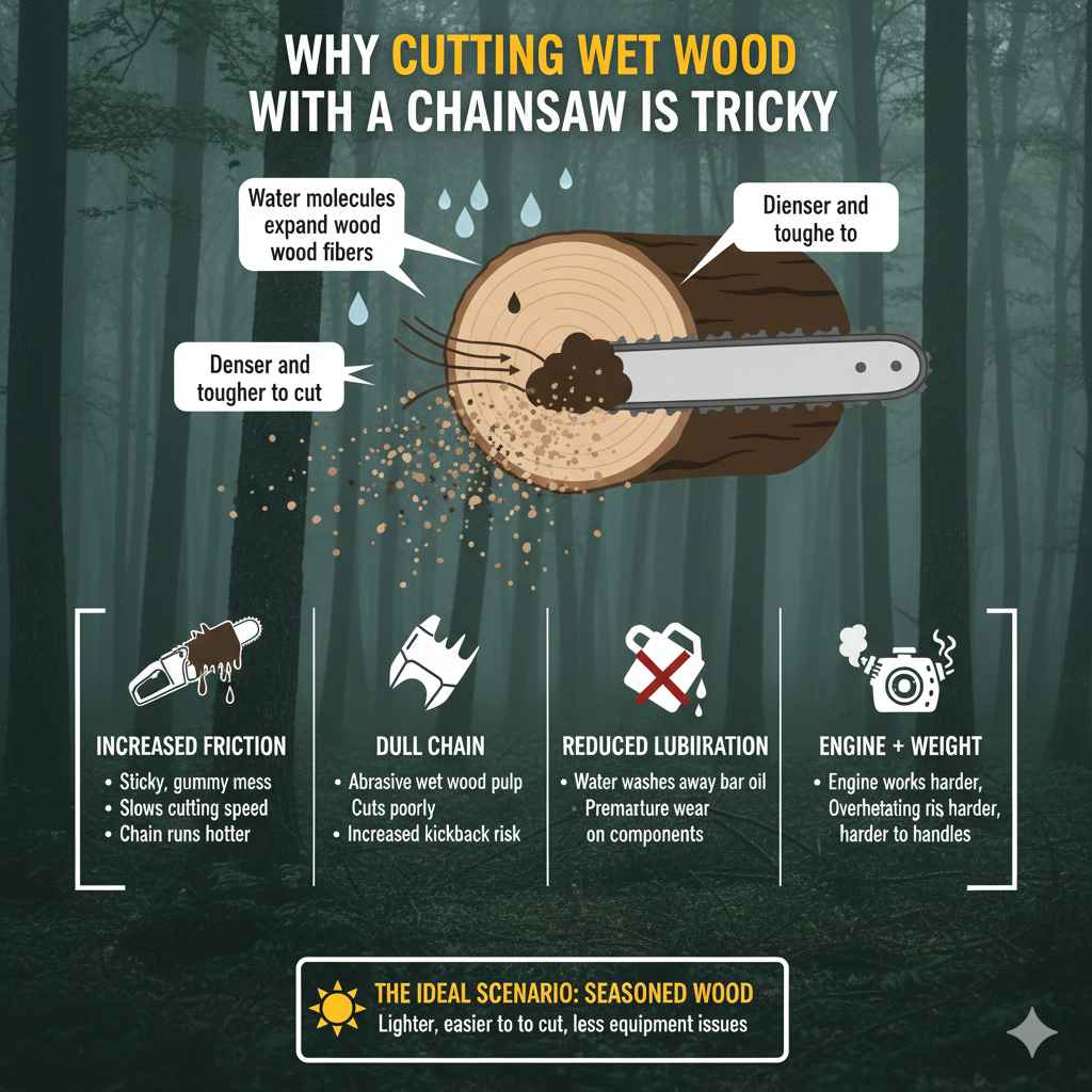 Why Cutting Wet Wood With a Chainsaw Is Tricky