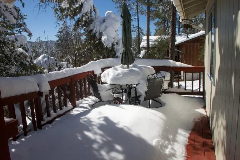 Homeowner inspecting snow and ice on a wooden deck in winter